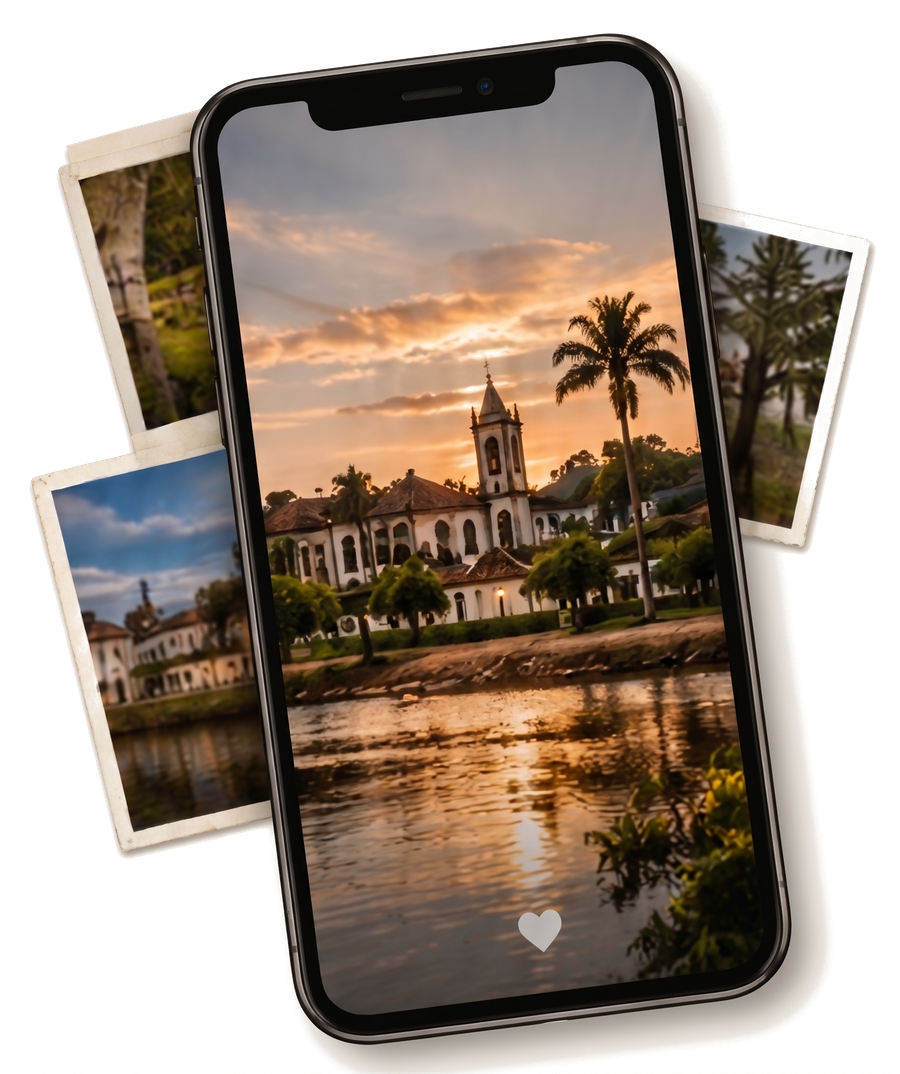 Celular com foto da cidade histórica de Penedo, cercado por outras fotos de viagem