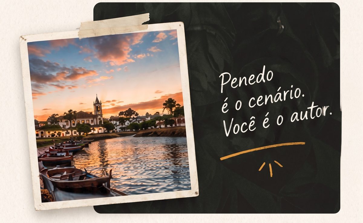 Foto de Penedo presa com fita adesiva, ao lado da frase Penedo é o cenário, você é o autor