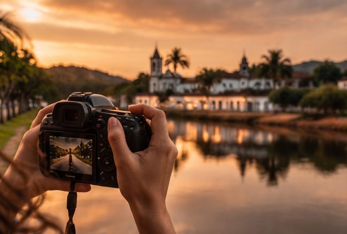 Hóspede fotografando a cidade histórica de Penedo ao entardecer
